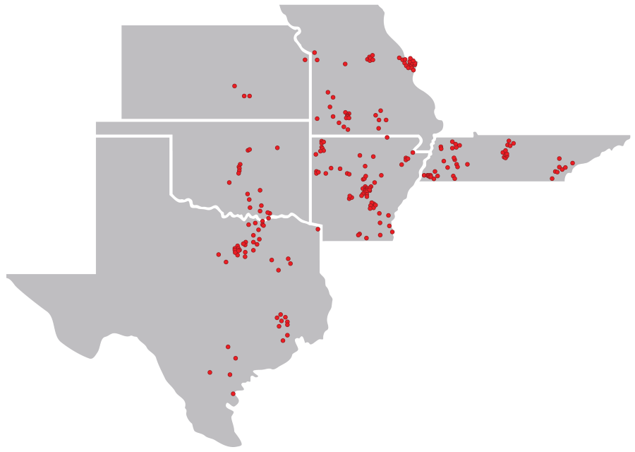 Map of states that contain a Simmons Bank presence: Texas, Oklahoma, Kansas, Missouri, Illinois, Arkansas and Tennessee